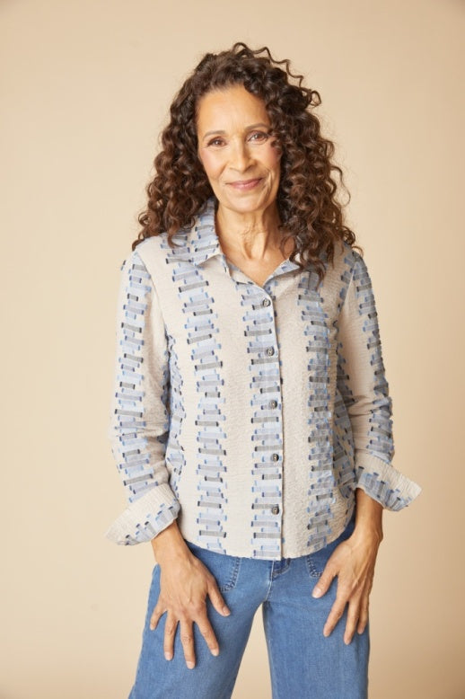 Embroidered Cotton Stripe Shaped Hem Shirt