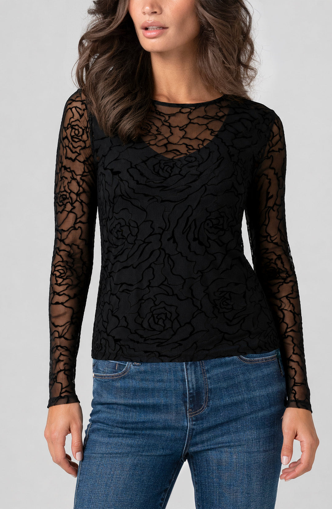 Long Sleeve Layered Knit Top in Black Roses