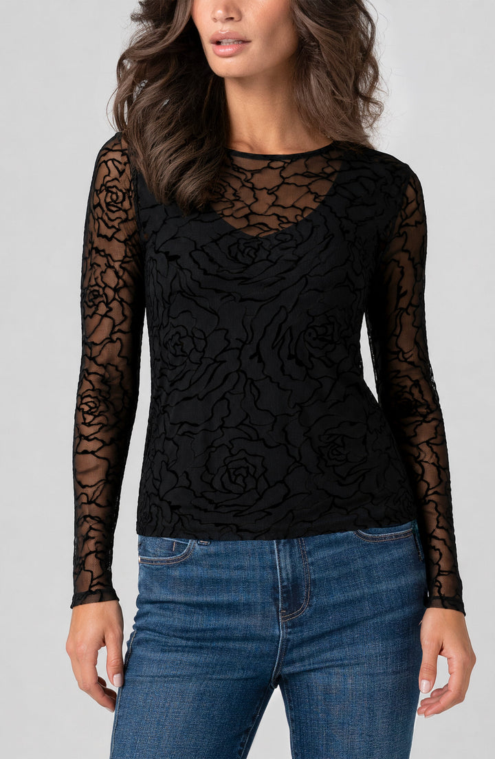 Long Sleeve Layered Knit Top in Black Roses