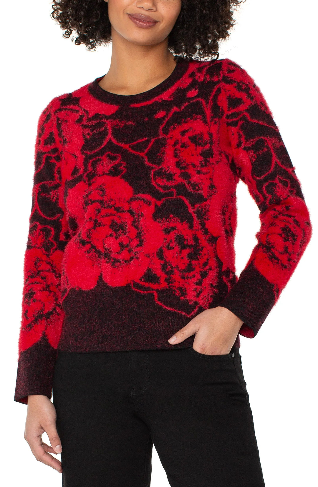 Long Sleeve Crewneck in Black Red Floral