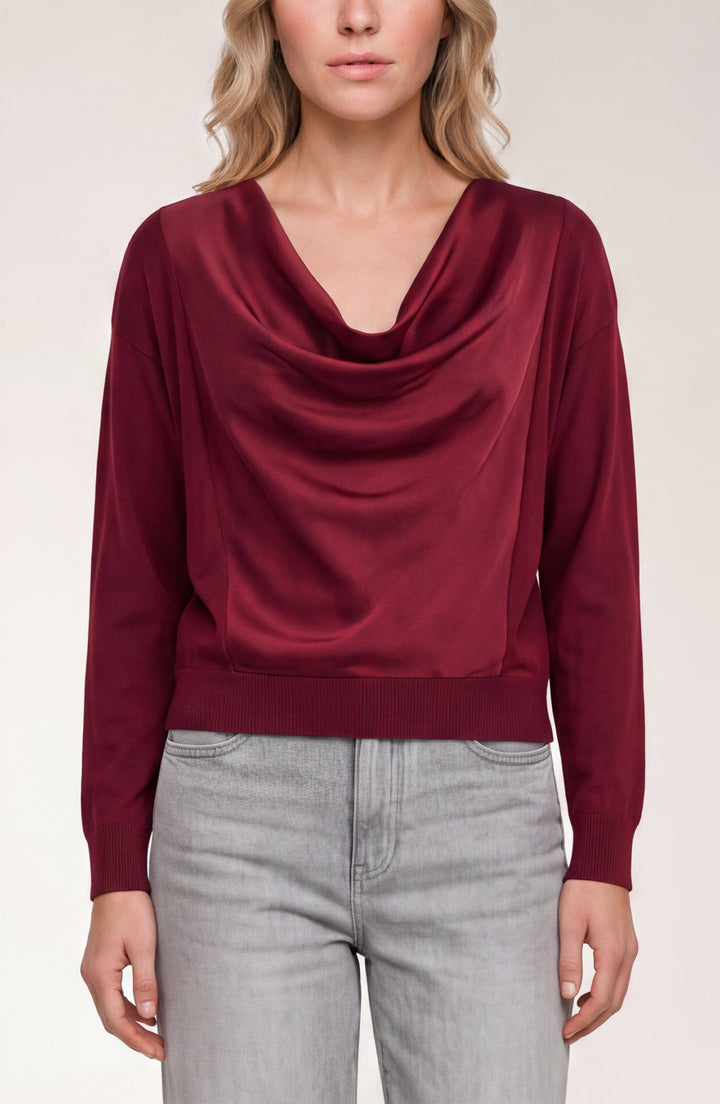 Draped Neck Mixed Media Sweater in Cranberry