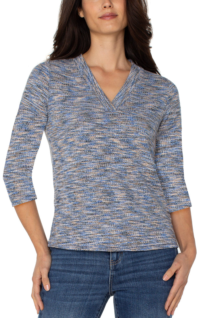 3/4 Sleeve V-neck Knit Tee in Blue Spacedye