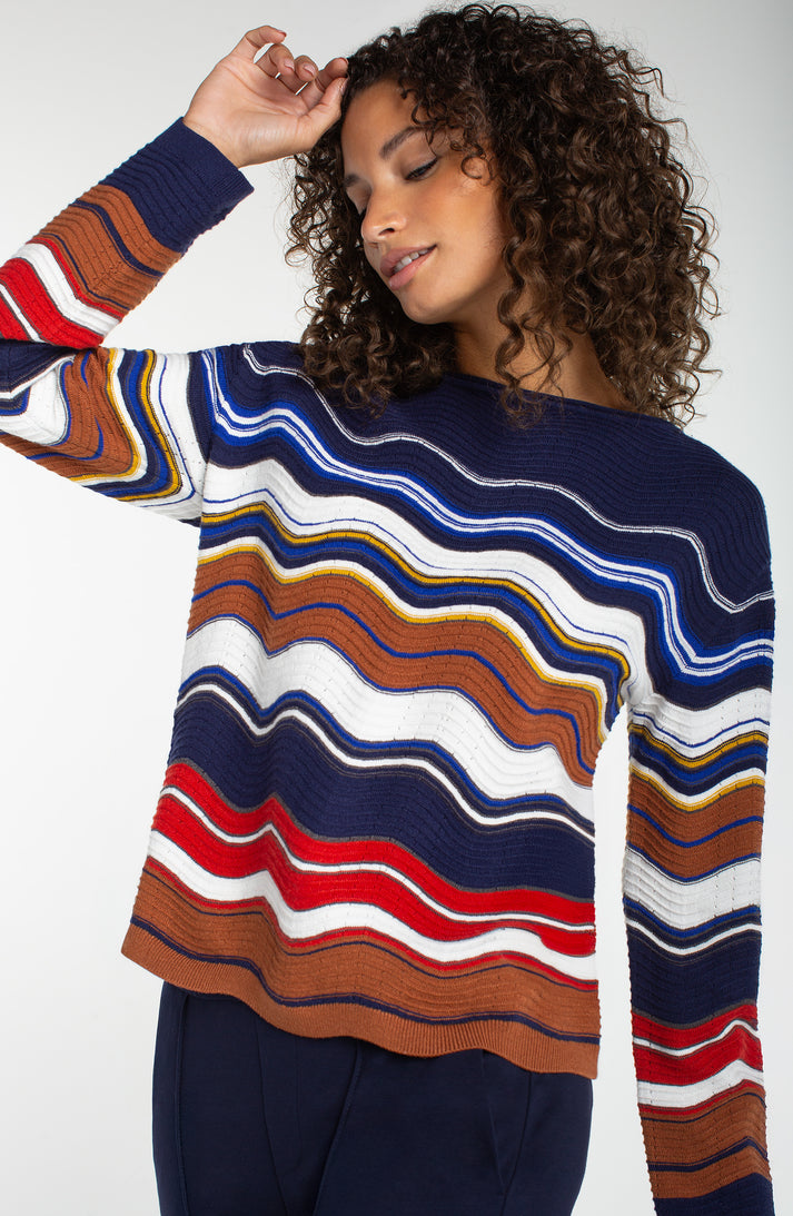 Long Sleeve Boatneck Sweater in Navy Brown Multi Stripe