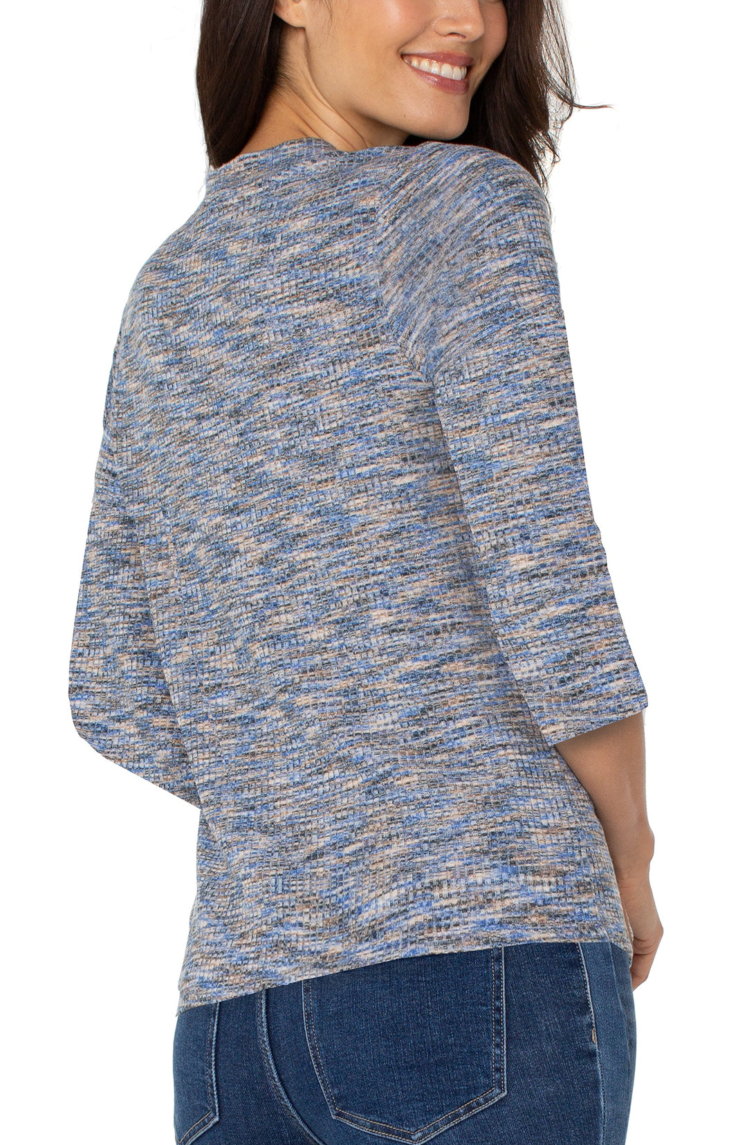 3/4 Sleeve V-neck Knit Tee in Blue Spacedye