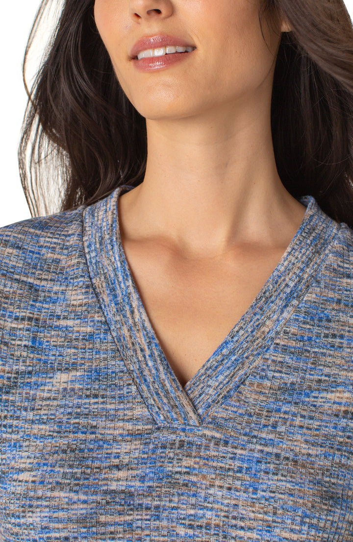 3/4 Sleeve V-neck Knit Tee in Blue Spacedye