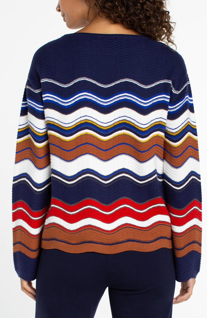 Long Sleeve Boatneck Sweater in Navy Brown Multi Stripe