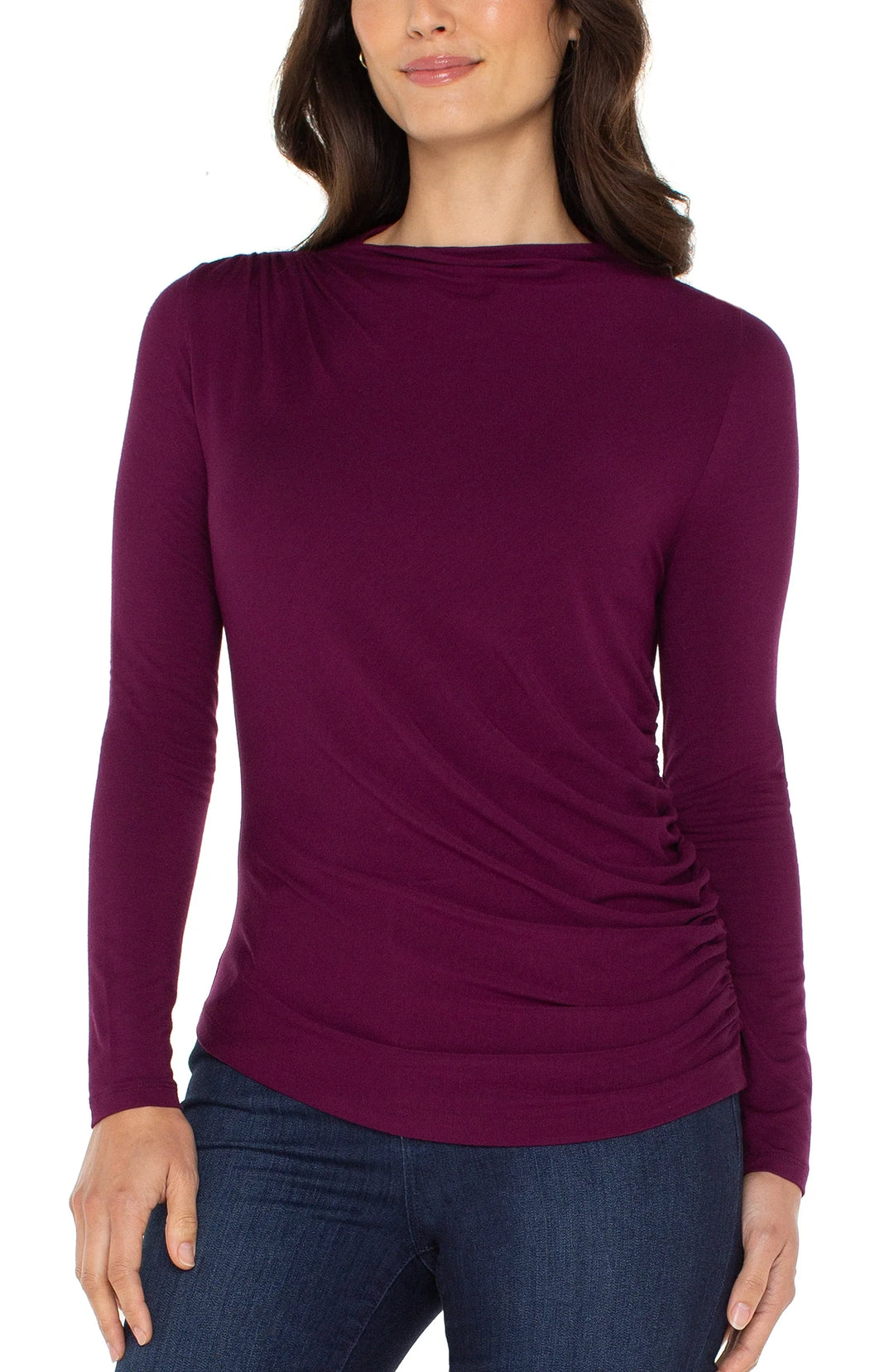 Long Sleeve Mock Neck Knit Top W/ Shirring in Wine Berry