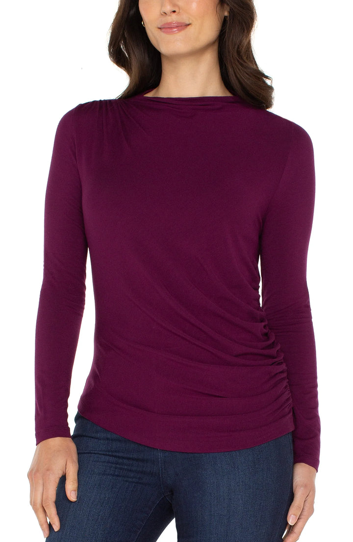 Long Sleeve Mock Neck Knit Top W/ Shirring in Wine Berry