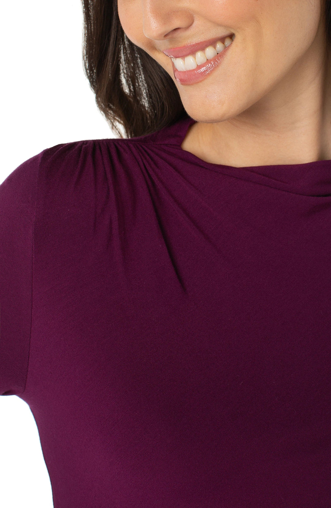 Long Sleeve Mock Neck Knit Top W/ Shirring in Wine Berry