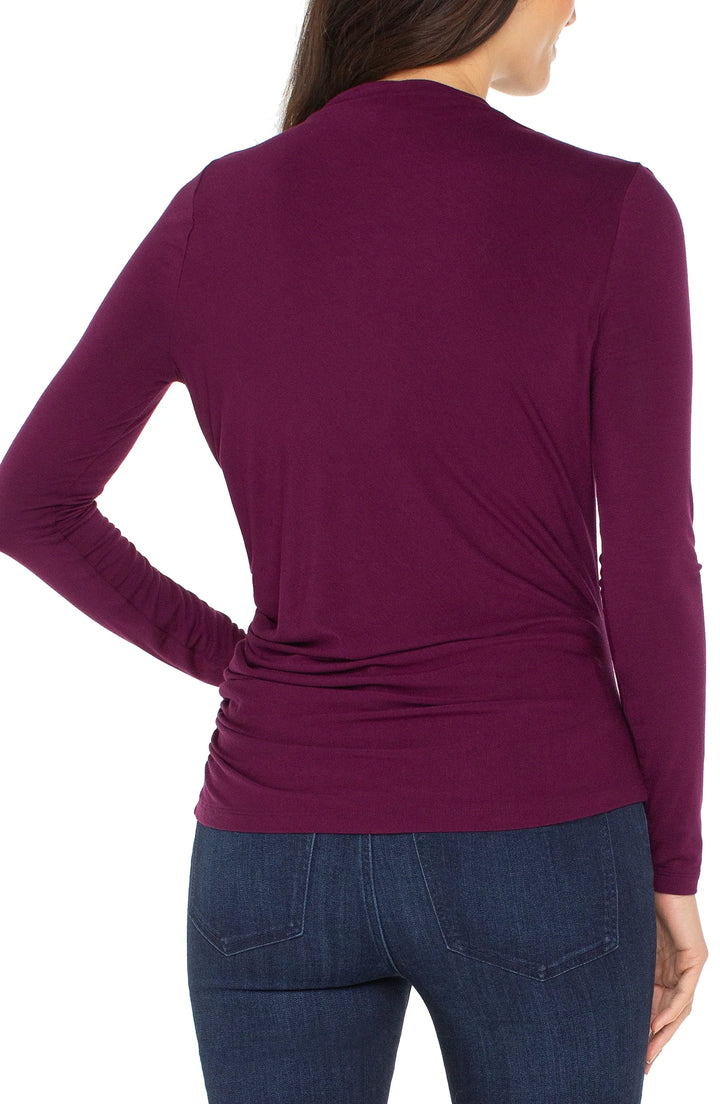 Long Sleeve Mock Neck Knit Top W/ Shirring in Wine Berry