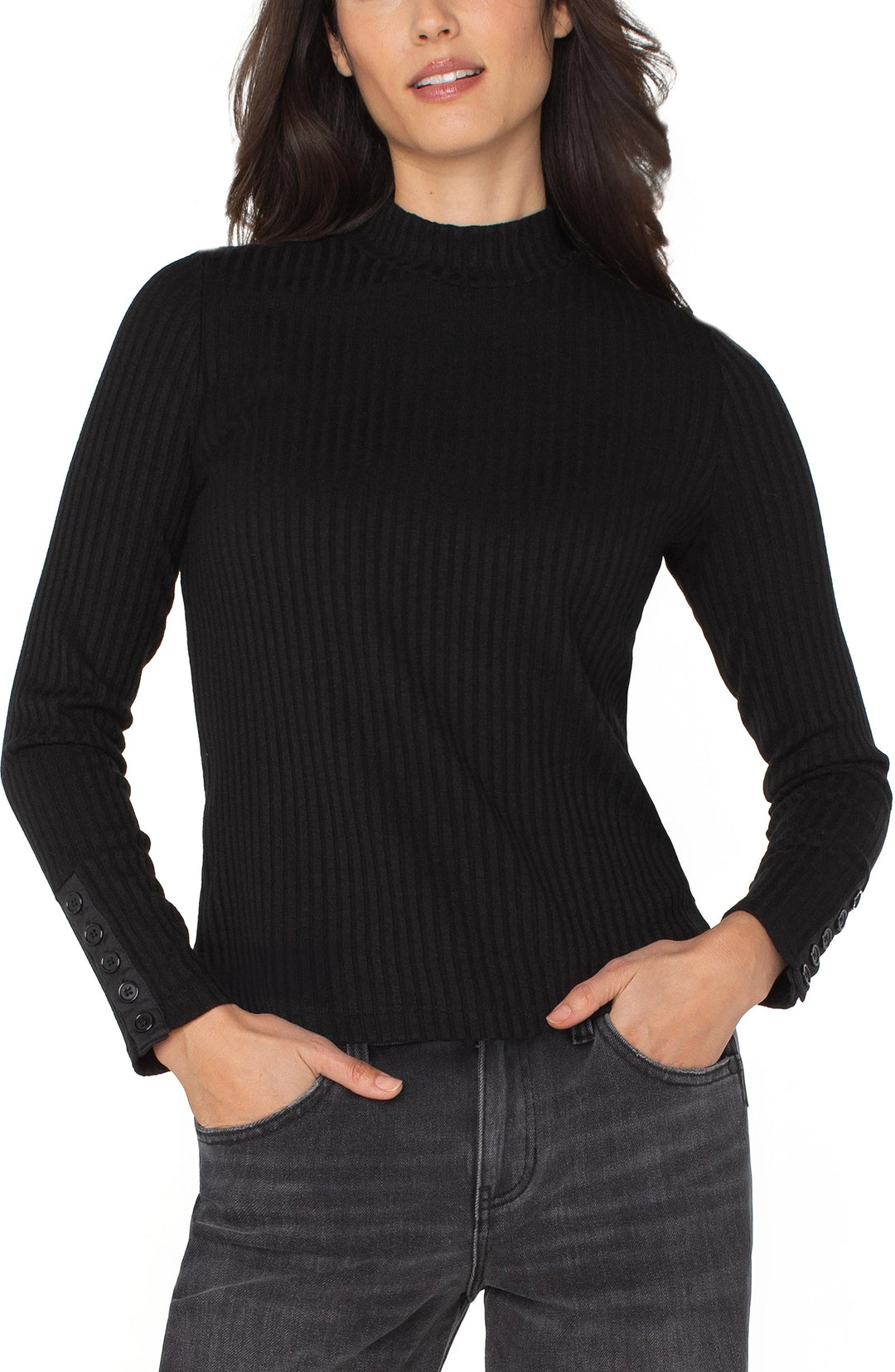 Long Sleeve Mock Neck Knit Top W/ Button Detail in Black