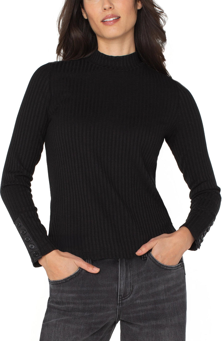 Long Sleeve Mock Neck Knit Top W/ Button Detail in Black
