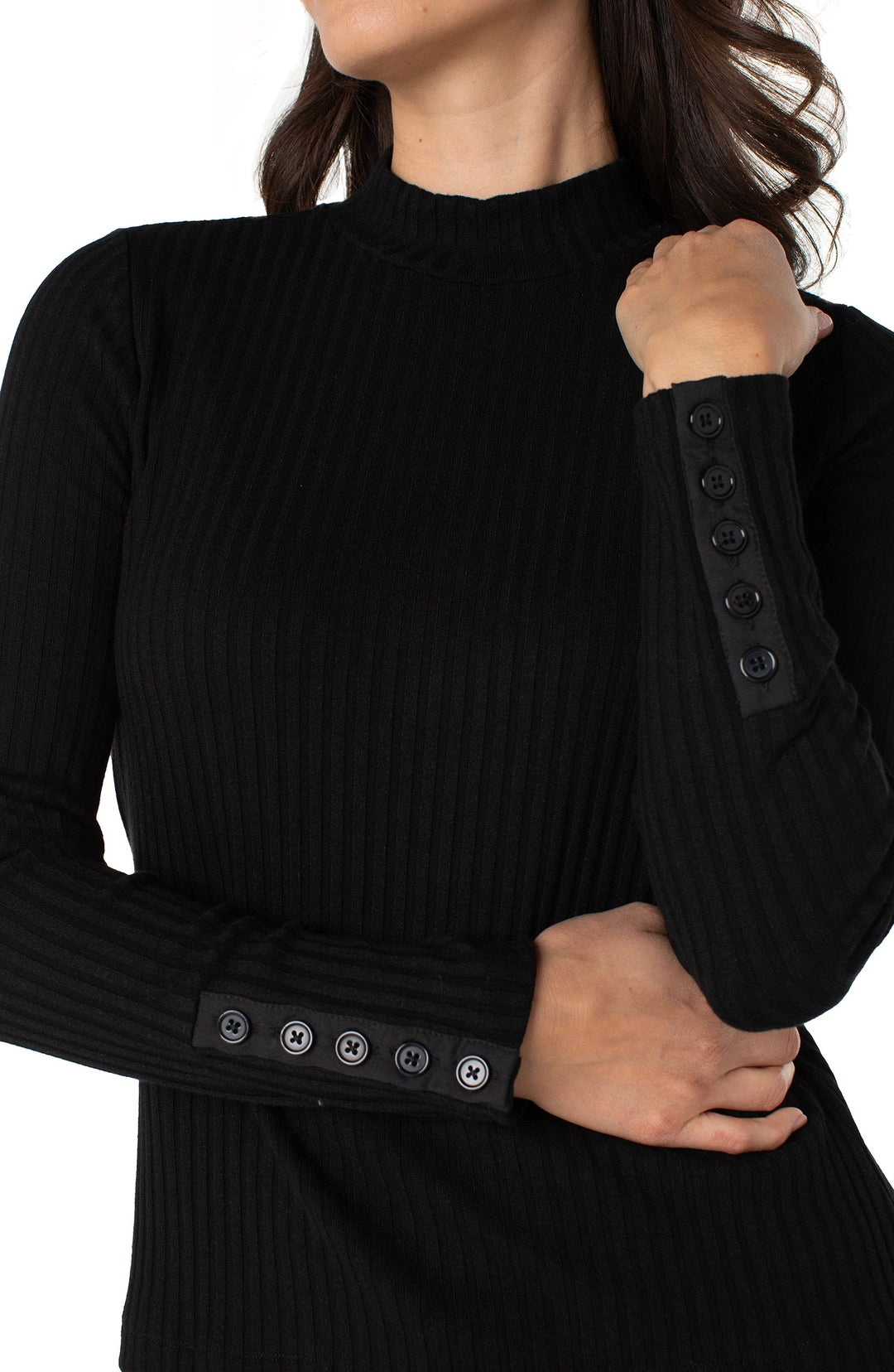 Long Sleeve Mock Neck Knit Top W/ Button Detail in Black