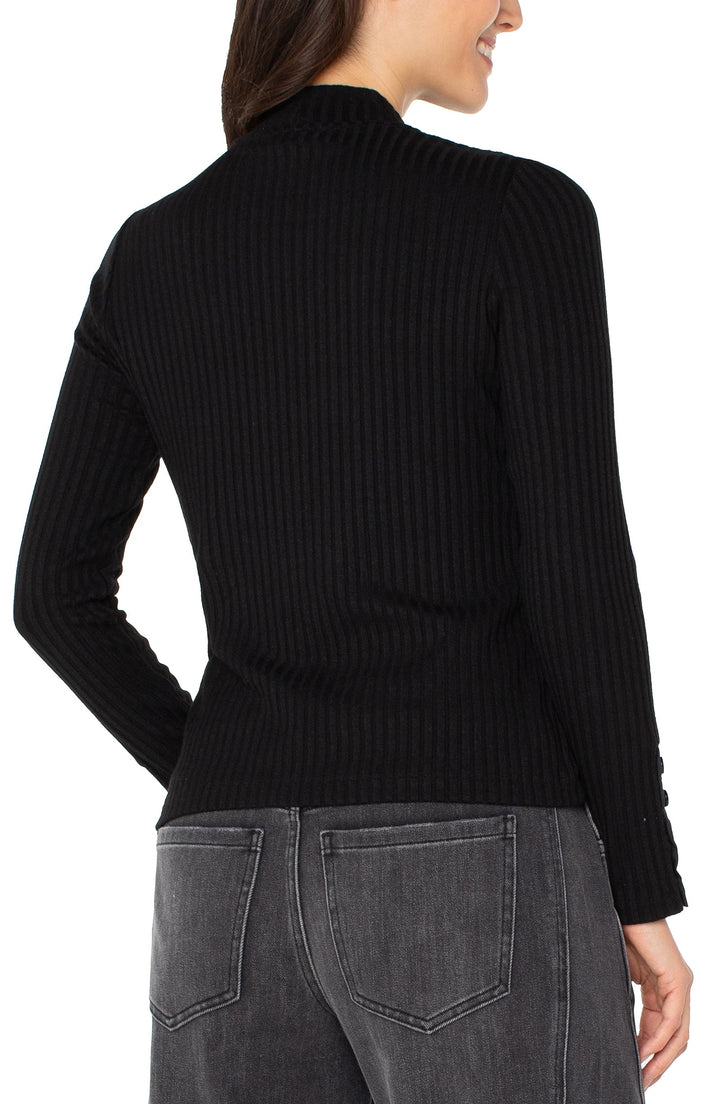 Long Sleeve Mock Neck Knit Top W/ Button Detail in Black