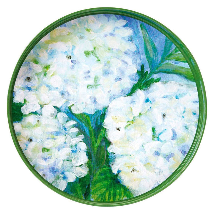 White Hydrangea Round Tray - 15 Inch Floral Design