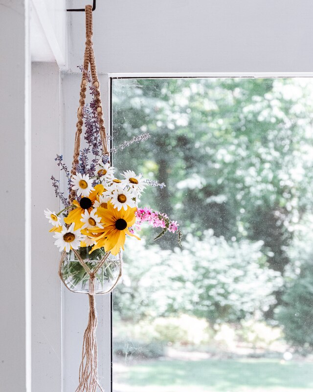Mini Macrame Hanging Planter & Glass Flower Pot (round bottom)