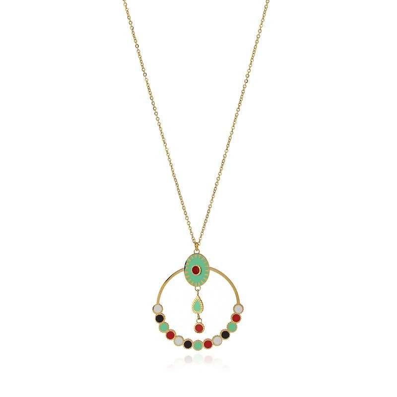 Turquoise & Red Enameled Long 14K Gold Plated Necklace