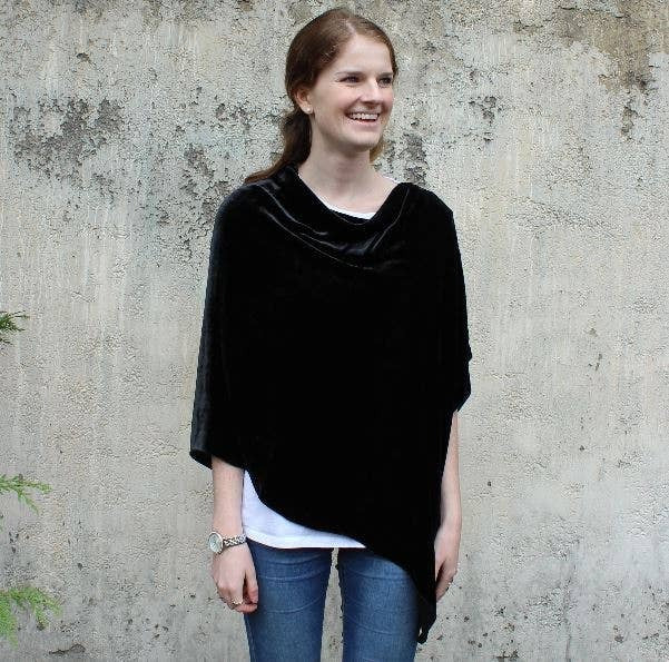 Silk Velvet Poncho in Black