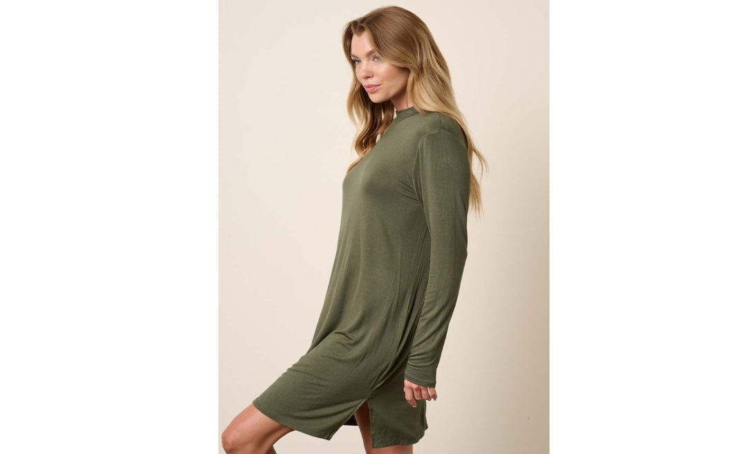 Bamboo Mock Neck Long Sleeve Dress in Olive