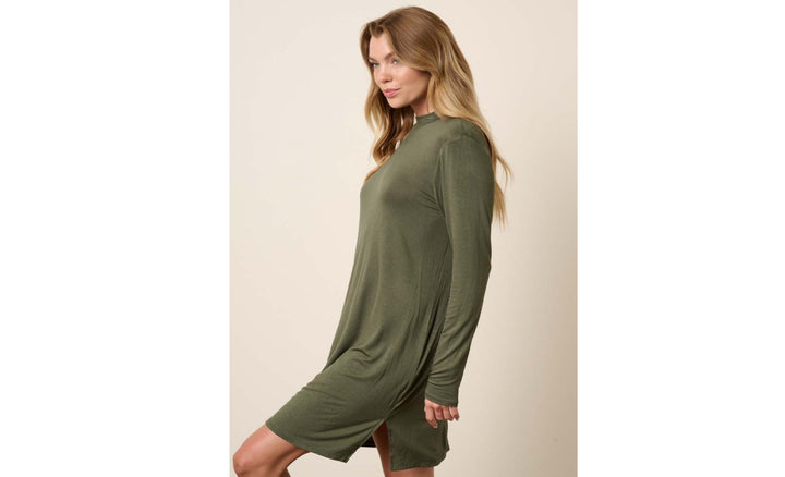 Bamboo Mock Neck Long Sleeve Dress in Olive