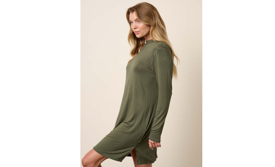 Bamboo Mock Neck Long Sleeve Dress in Olive