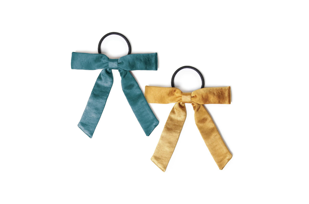 Satin Bow Pony Tail Holder in Gold and Teal (2 pack)
