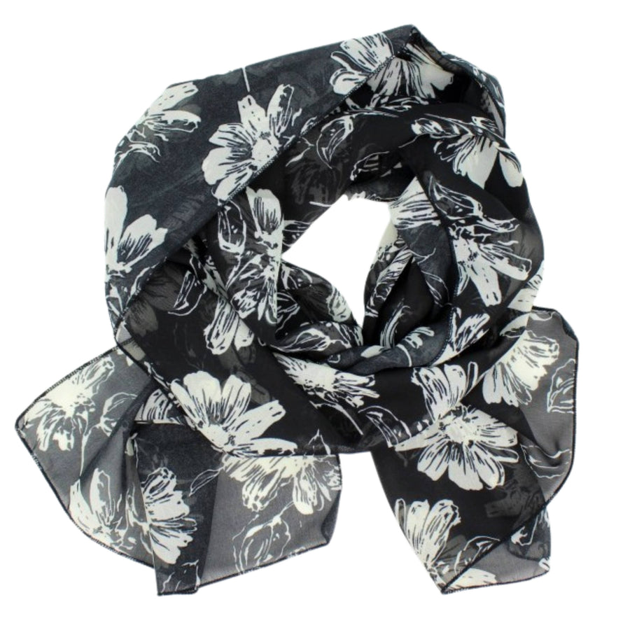 Chiffon Poly Scarf in Black with White Flowers