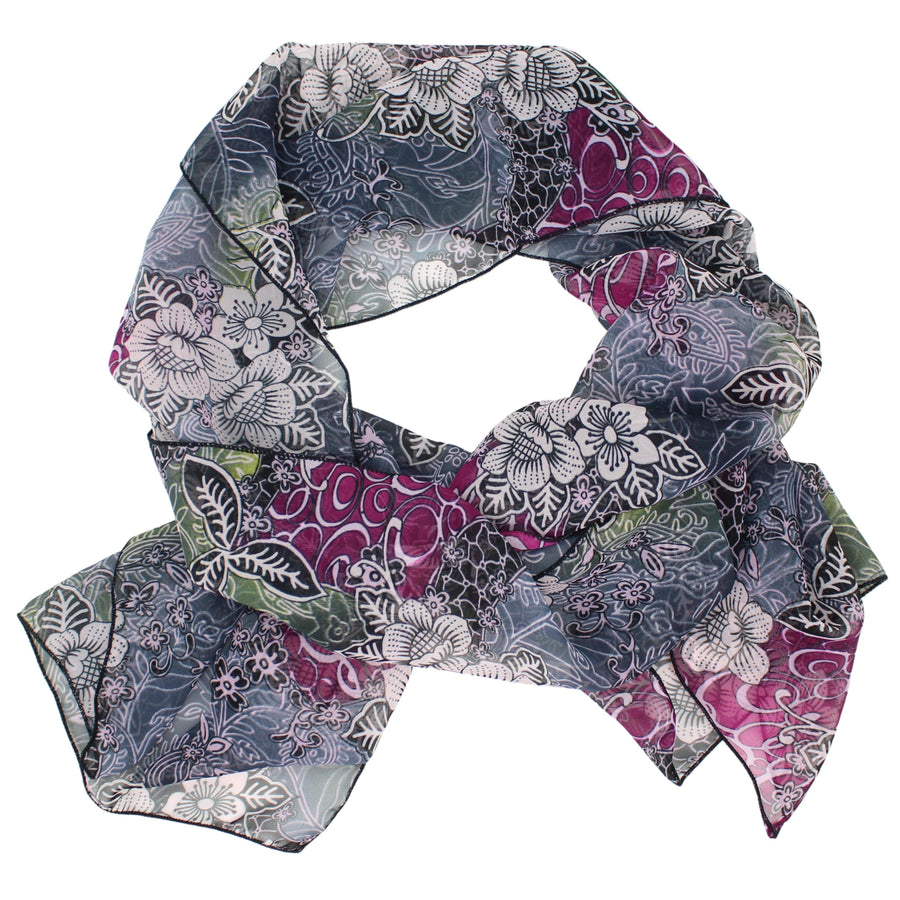 Chiffon Poly Scarf in Magenta, Green and Grey Floral