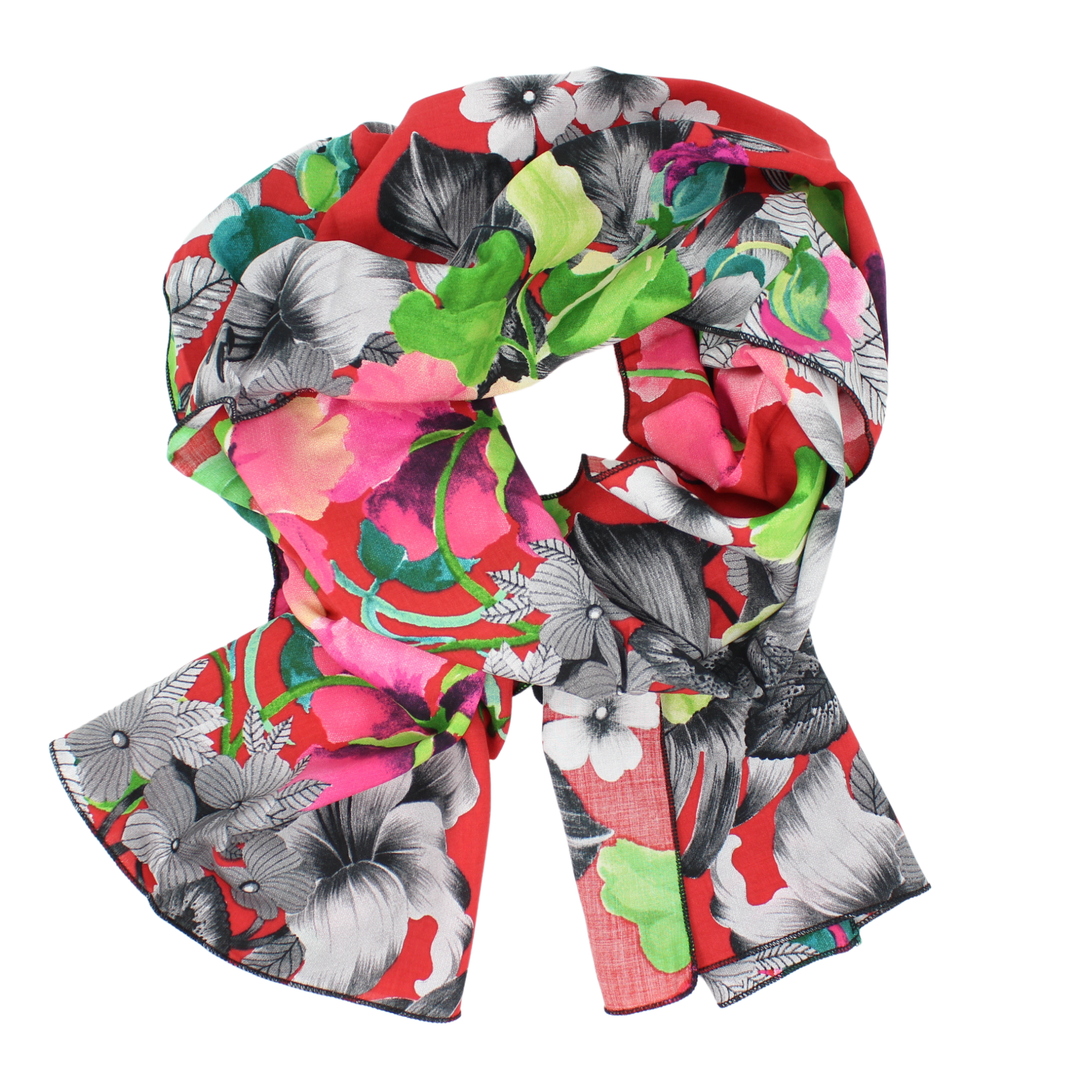 Rayon Scarf in Fuchsia Floral on Red