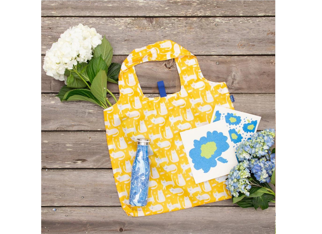 Reusable Shopping Bag in Yellow Kitty Cat Print