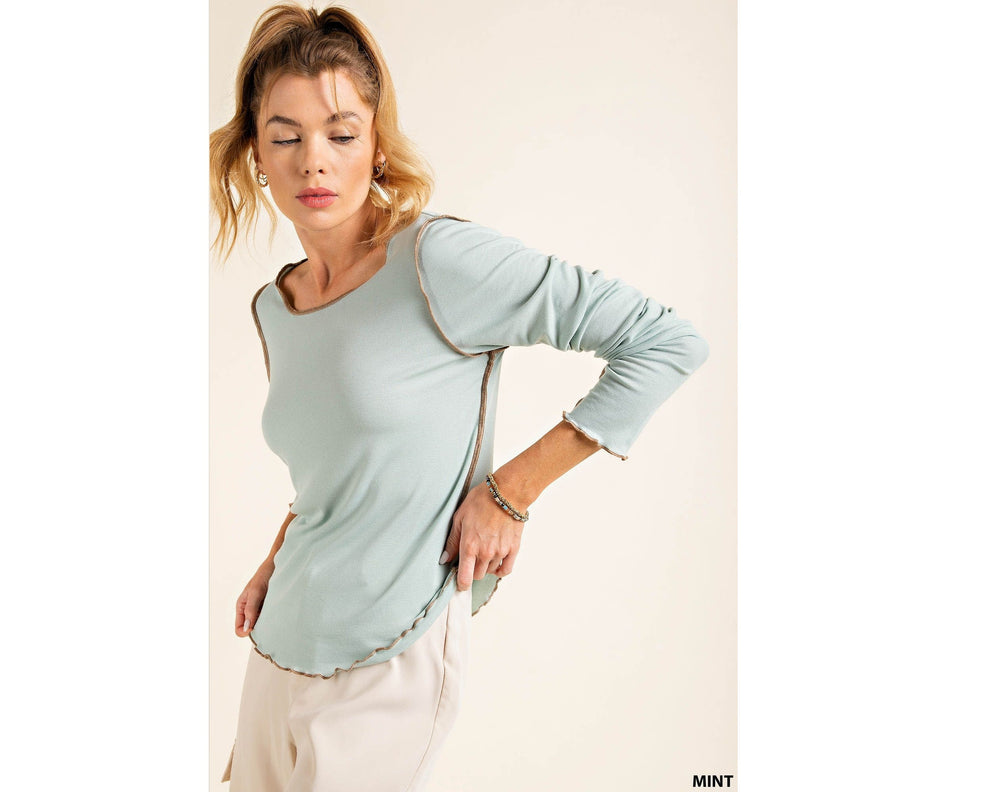 Long Sleeve Ribbed Top in Mint