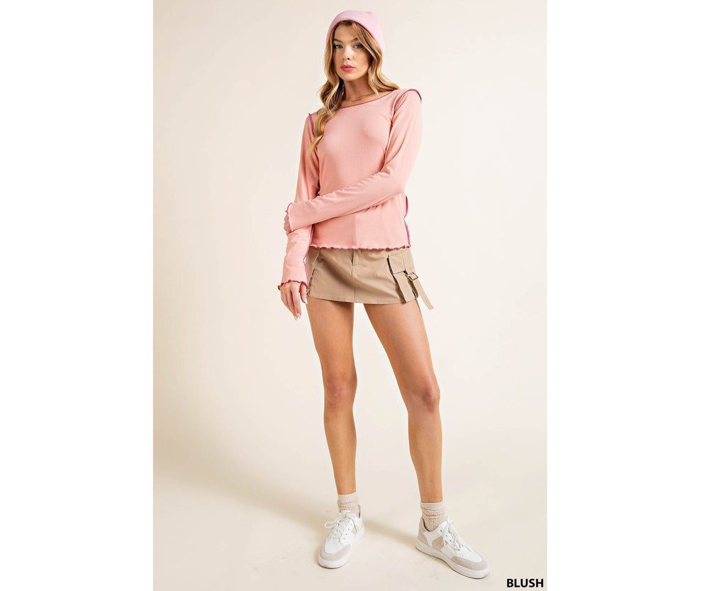 Long Sleeve Ribbed Top in Blush